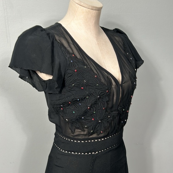 Vintage Cleobella Black Chiffon Open Back Elegant Embroidered Asymmetrical Dress - Picture 7 of 17